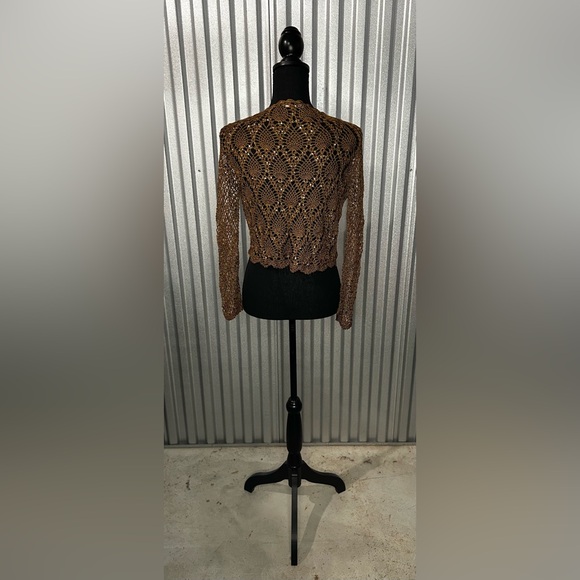 Women’s Betsy Johnson Brown Mesh Long Sleeve Designer Cardigan Sweater Medium - Picture 2 of 4